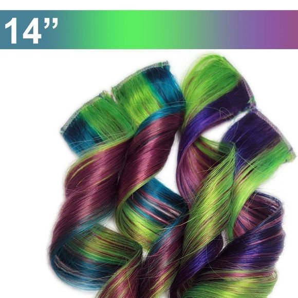 100% Real Human Hair Extensions Clip in Fall Colored Hairstyle Green Aqua Purple